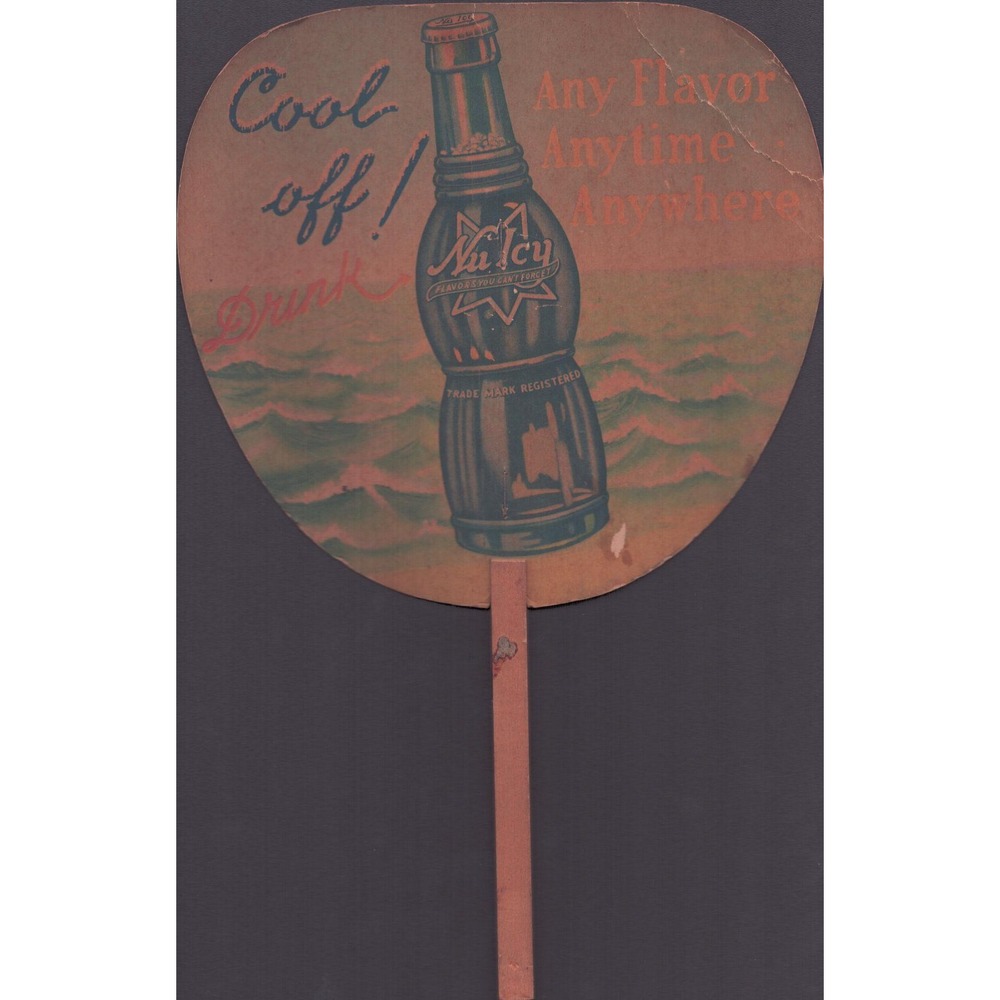 Vintage NuIcy Soda Advertising Hand Fan Cardboard Wood Stick Beverage Promo